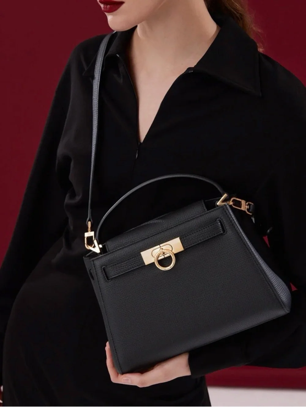Parisa Wang Madison Top Handle Bag - Black Leather Satchel Gold Hardware